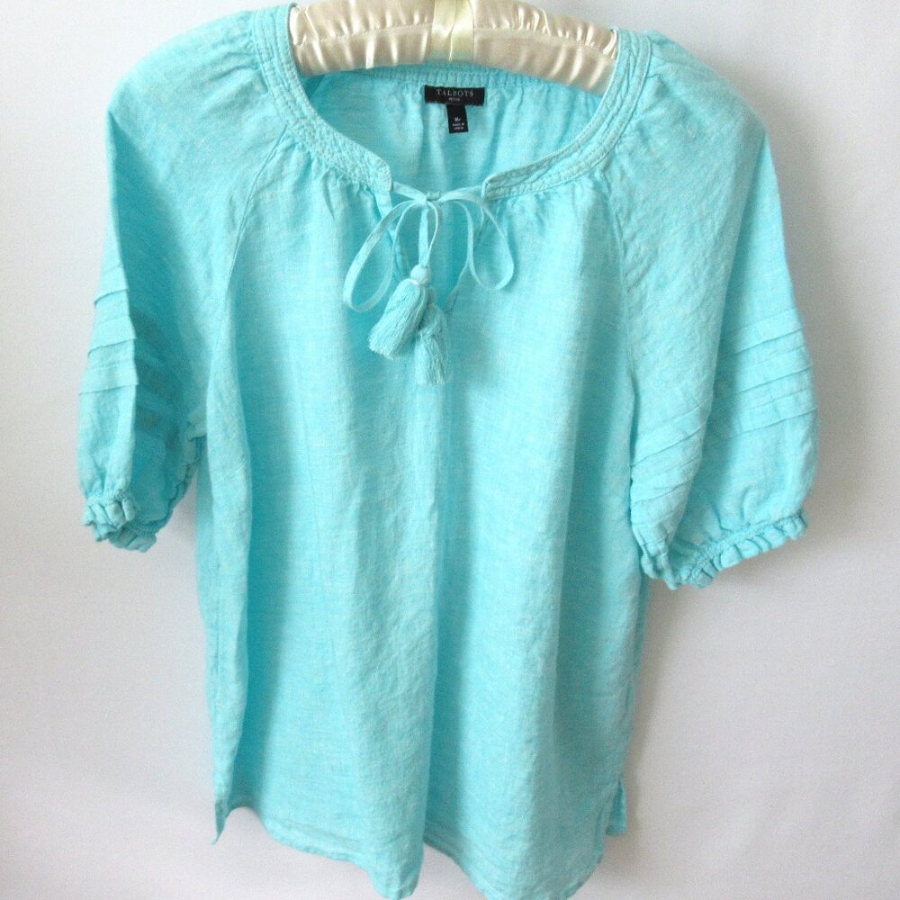 Talbots blue linen scoop neck tie front 3/4 sleeve popover top *Sz MP*